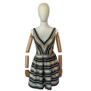 J Crew Dress V Neck Metallic Gold Cream Black Striped Pockets Size 2